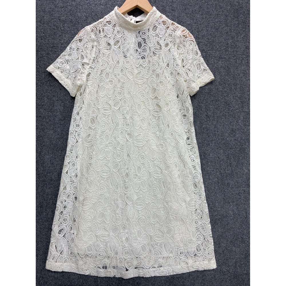 Halogen Ivory White‎ Floral Lace Shift Dress Mock Neck Satin Tie Back Small